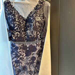 Mon Cheri Blue Plunge Neck Sleeveless Gown